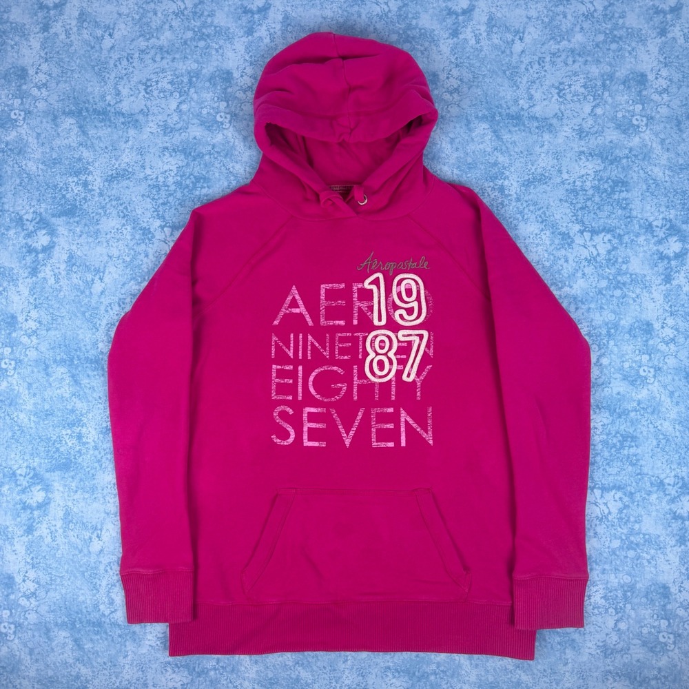 Aeropostale 1987 Graphic Pullover Hoodie Womens Sweatshirt Magenta Pink Large